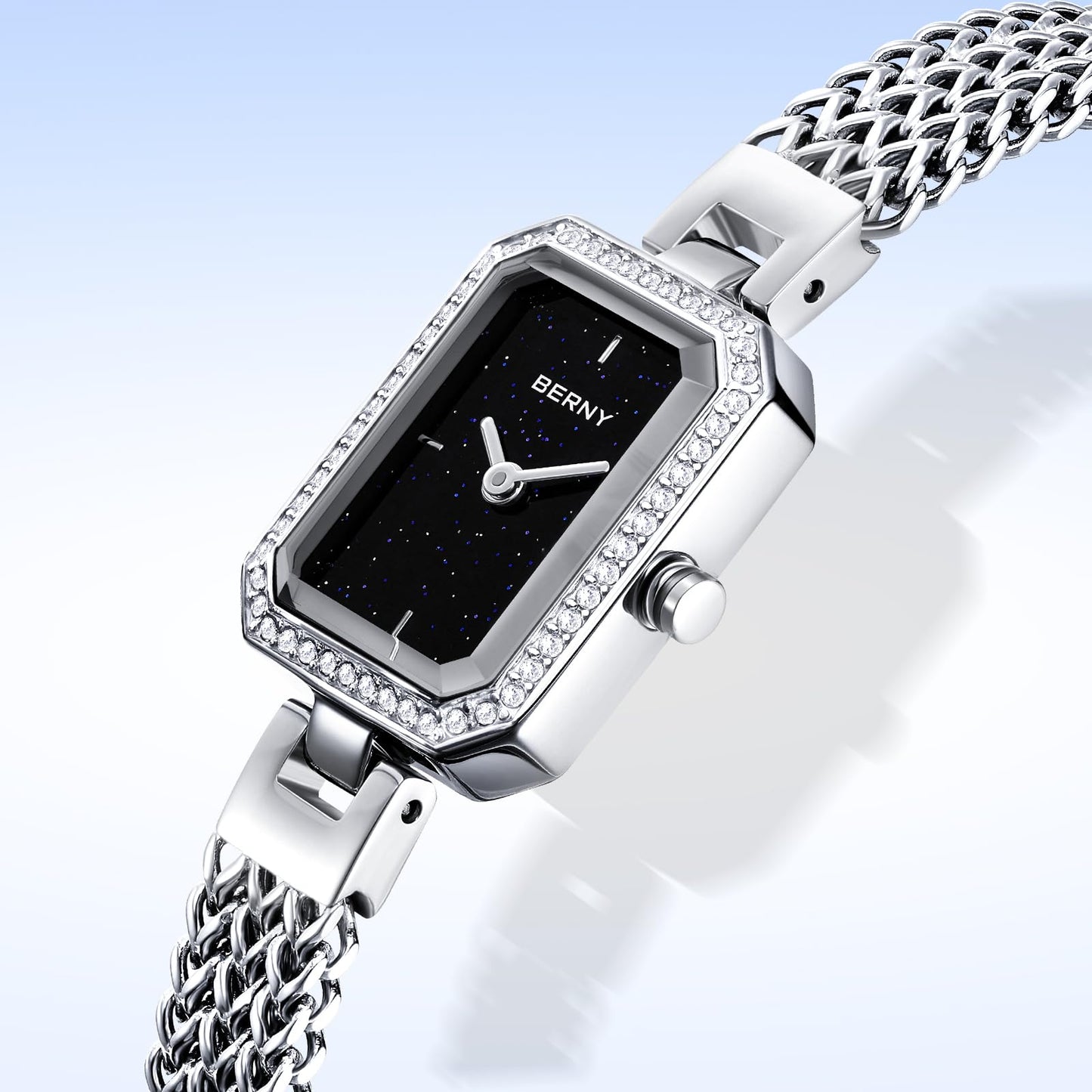 BERNY Silver Watches for Women Ladies Wrist Watch and Bracelet Set Dainty Quartz Bracelet Watch Premium Crystal Accented Fashion Luxury Birthday Present for Women