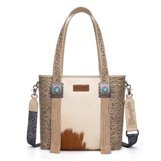 Montana West Wrangler Cowhide Tote Bag for Women Western Tooling Handbag Leather Fringing with Turquoise Stone Concho