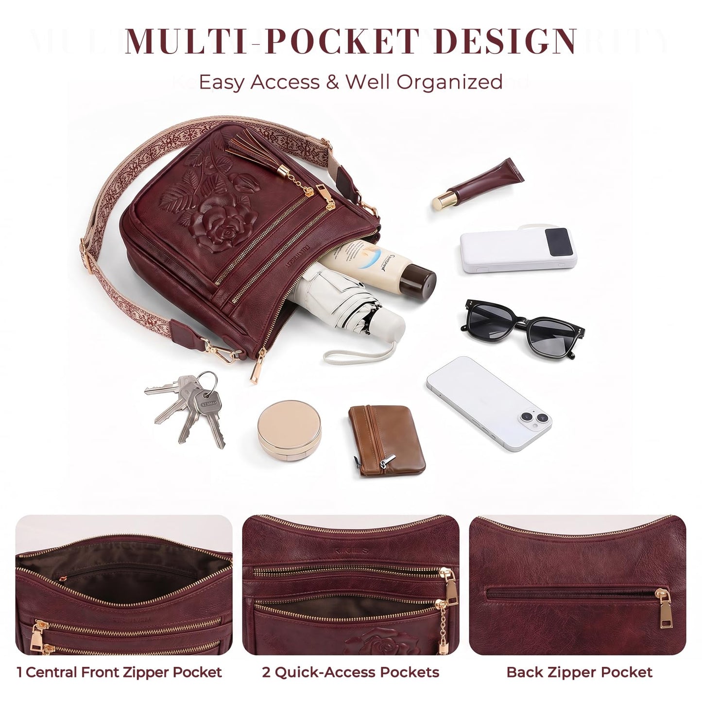 Crossbody Bags for Women, Vegan Leather Crossbody Purse, Multiple Pocket Daily Travel Shoulder Bag with Boho Strap