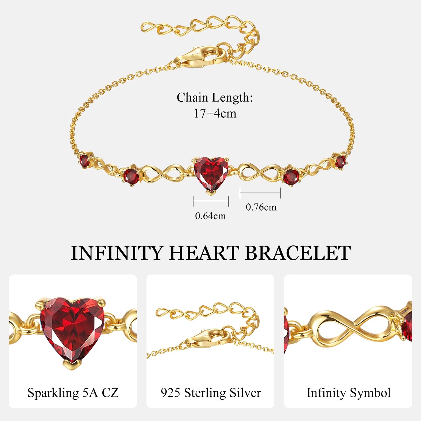 G&GEMSJEW Infinity Heart Birthstone Bracelets for Women, 925 Sterling Silver Women Charm Link Bracelet Adjustable, Birthday Anniversary Christmas Jewelry Gifts for Women Wife Mom Girlfriend Her