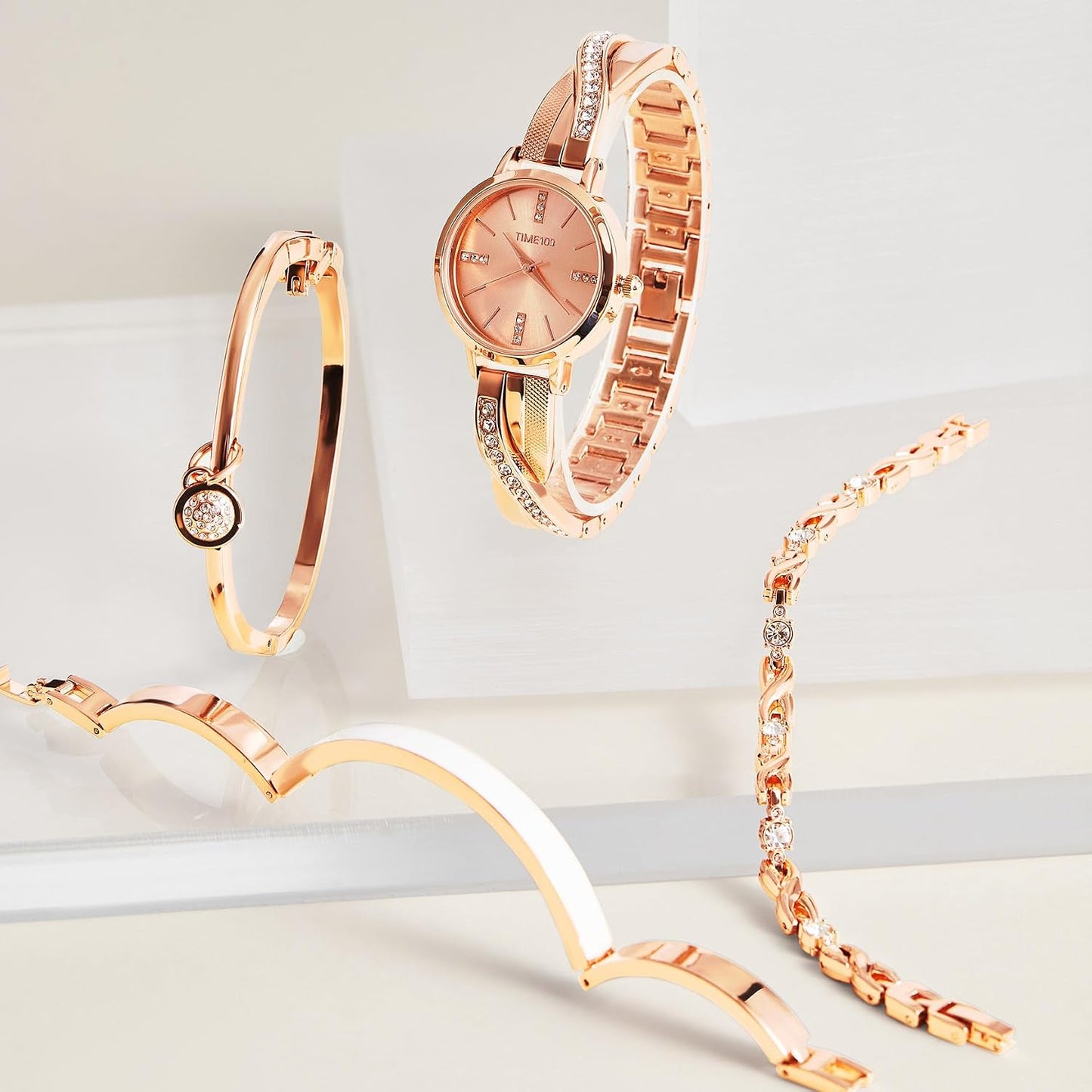 TIME100 Women's Bangle Watch and Gold Watch Chain Bracelets Premium Crystal Accented Bracelet Set W50888L