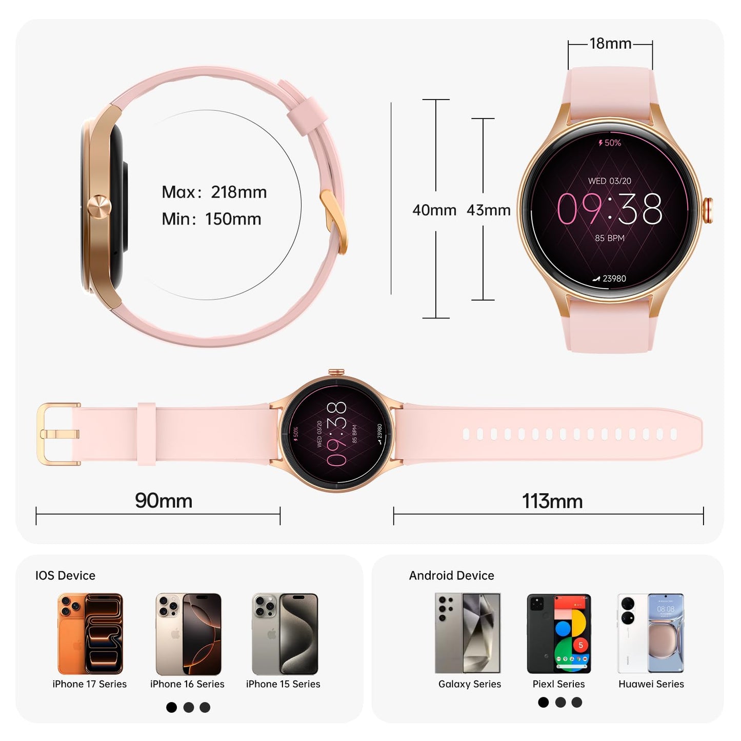 Woneligo Smart Watch for Women,1.57inch AMOLED Touchscreen Fitness Watch for iPhone & Android,Heart Rate/Sp02/Sleep Monitor,110+ Sport Modes IP68 Waterproof Bluetooth Calls,2 Bands (Pink, 1.57)
