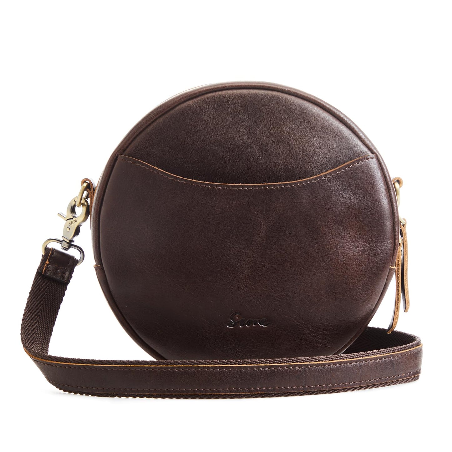 S-ZONE Leather Crossbody Bags for Women Circle Shoulder Round Purse Travel | Top Grain Leather, Keychain, Designer Handbag, Vintage, Multi Pockets, Detachable Strap, Eveyday Outing