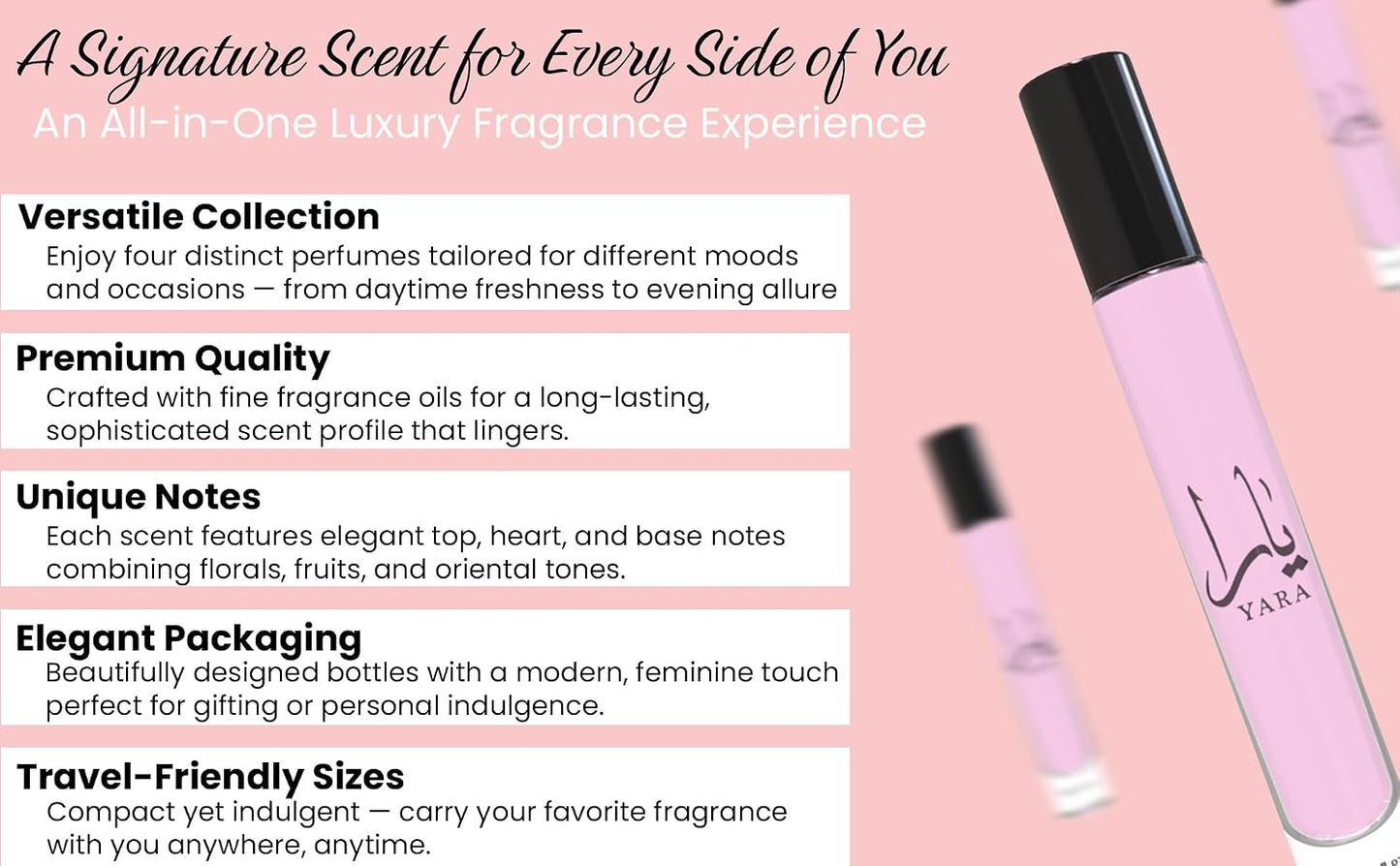 Equivalence Yara's 4 Pieces Set Eau De Parfum Spray for Women edition travel Size BUNDLE 0.34 Ounce Moi +Tous + Candy +Pink, LARGE BOTTLES NOT INCLUDED It is only a reference