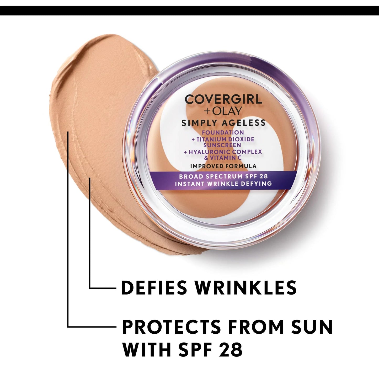 COVERGIRL Simply Ageless Instant Wrinkle Defying Foundation, SPF 28, Hyaluronic Complex & Vitamin C - 250 Creamy Beige, Pack of 1