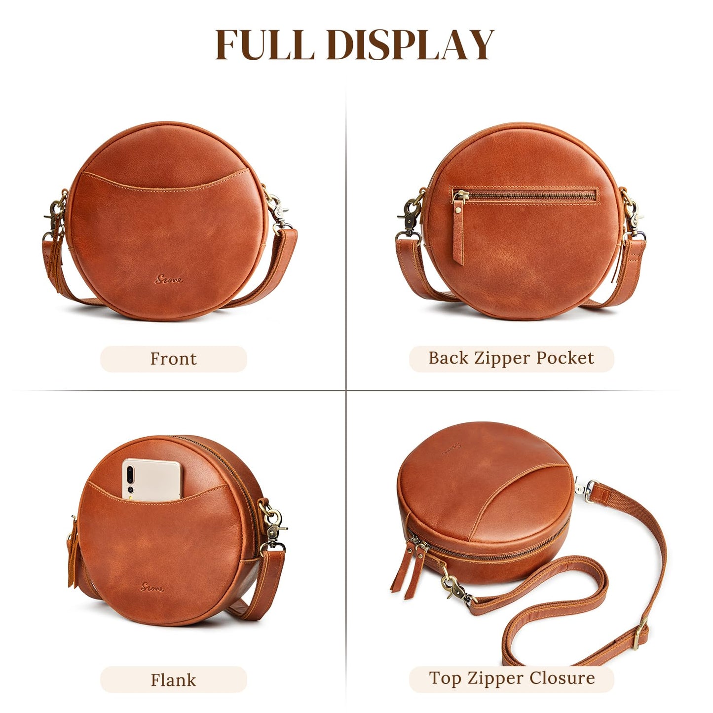 S-ZONE Leather Crossbody Bags for Women Circle Shoulder Round Purse Travel | Top Grain Leather, Keychain, Designer Handbag, Vintage, Multi Pockets, Detachable Strap, Eveyday Outing