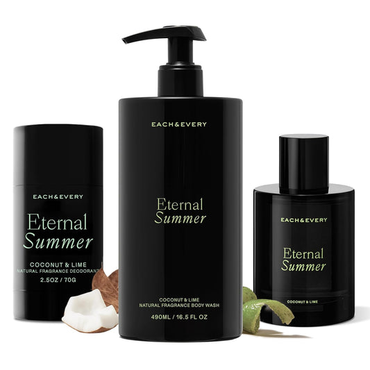 Each & Every Eternal Summer Trio - Body Wash 16.5 Fl Oz, Hair & Body Mist, Aluminum Free Deodorant 2.5 oz, Hydrating Cleanse, Odor Protection & Fresh Coconut & Lime Scent
