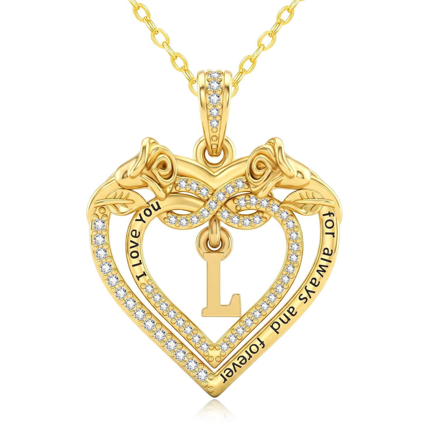 Uncle LOL Jewelry — 14K Gold Initial Letter Rose Heart Pendant Necklace for Women, Anniversary Birthday Jewelry Gifts for Wife Mom Grandma Sister Daughter, I Love You for Always And Forever