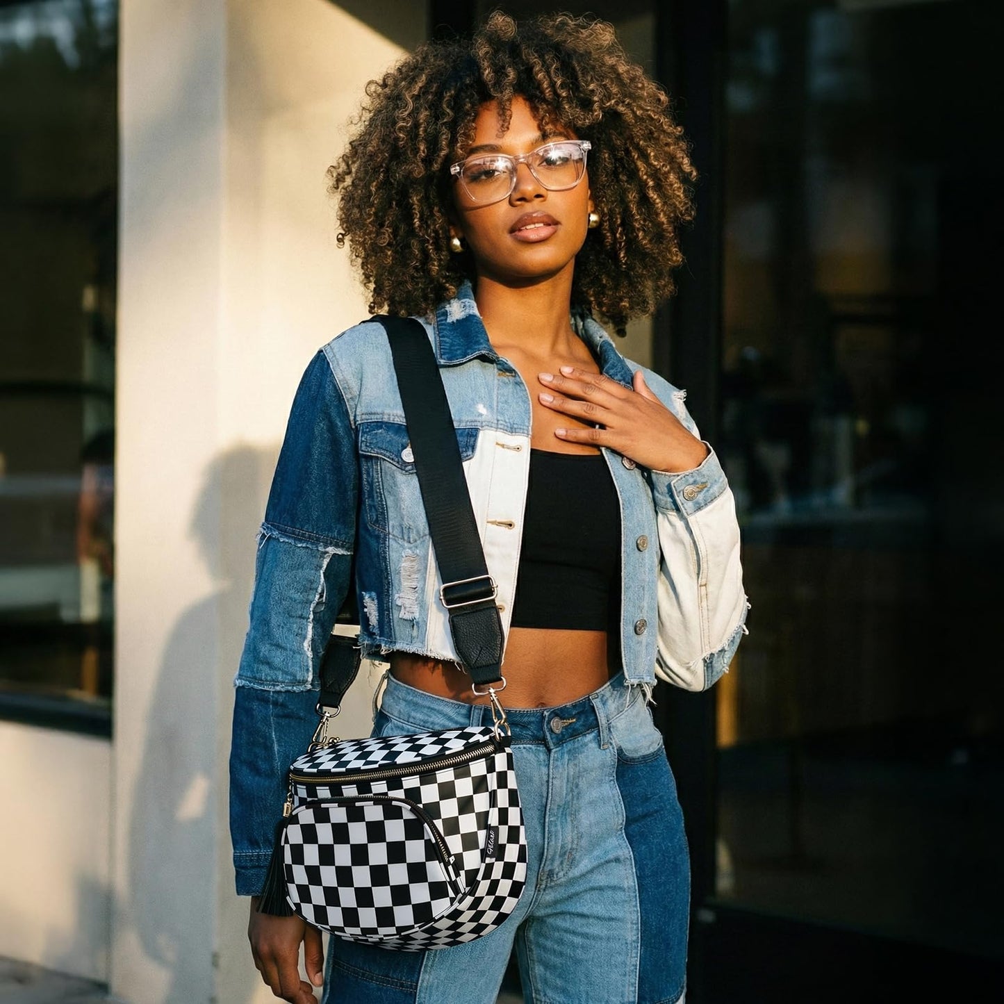 Checkered Crossbody Bag Anti Theft Spacious Bum Bags for Women Nylon Fanny Packs Lightweight Purse Wallet for Travel