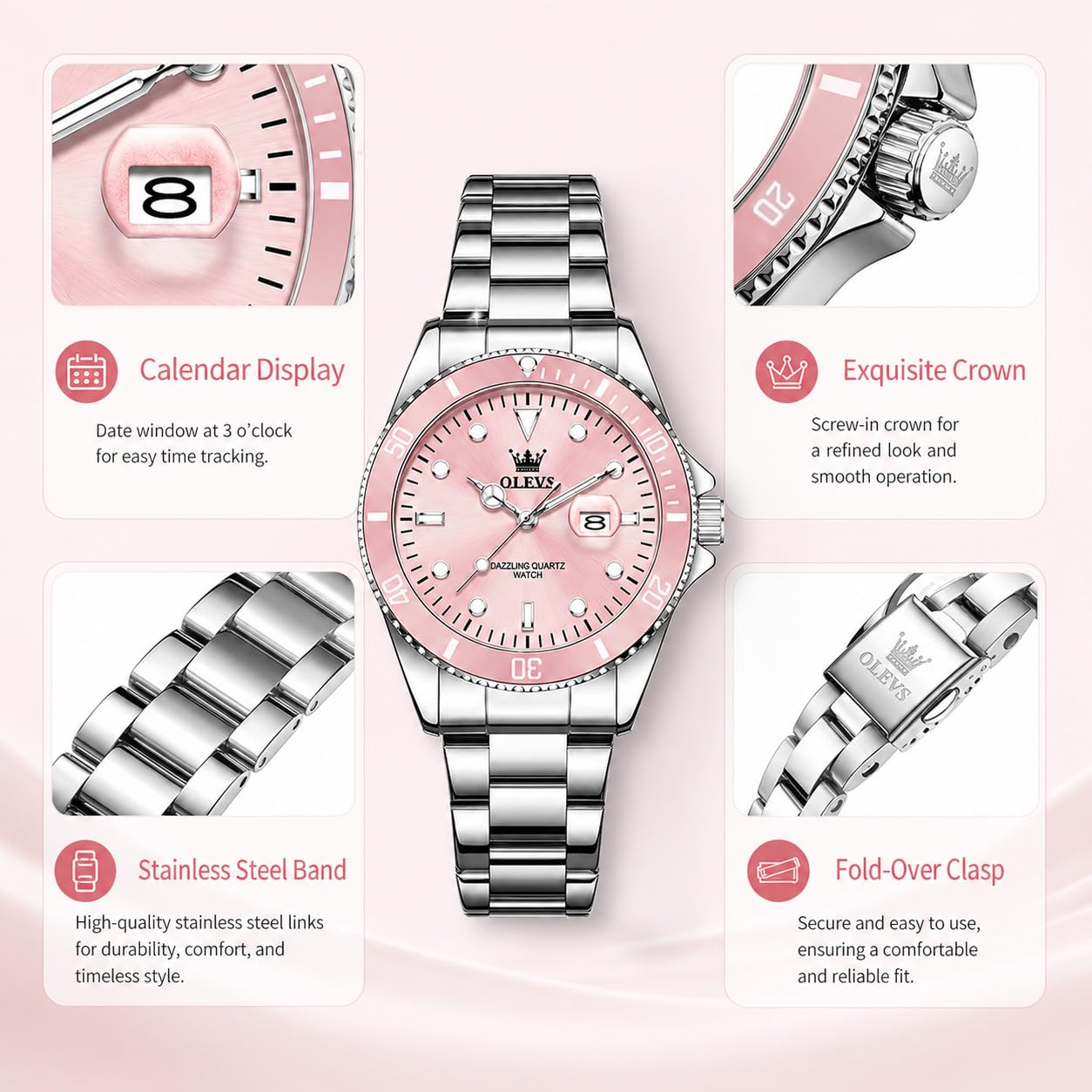 OLEVS Watch Women Silver Watches for Women Luxury for Small Wrists Dress Stainless Steel Women's Wrist Watches Easy to Read Reloj para Mujer Black/Blue/Gold/Green/Pink/Purple