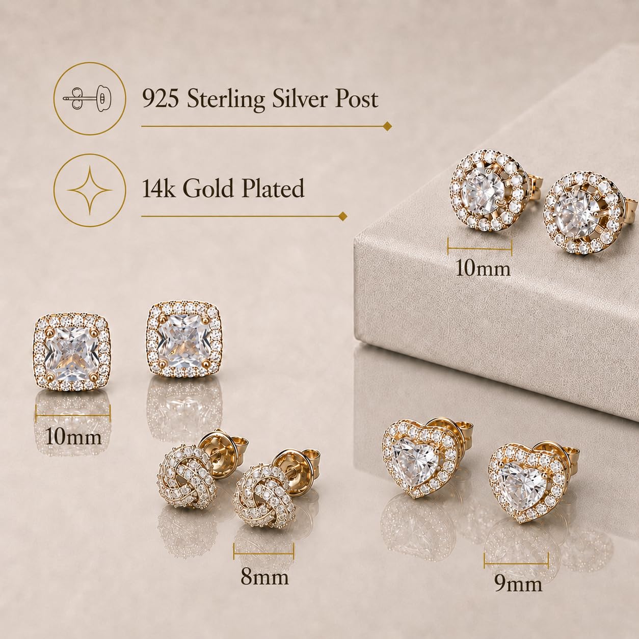 ZELORES 4 Pairs Sterling Silver 5A CZ Stud Earrings for Women 14K Gold Plated Brilliant Celtic Heart Big Stud Earrings Set Cubic Zirconia Earrings Studs for Sensitive Ear