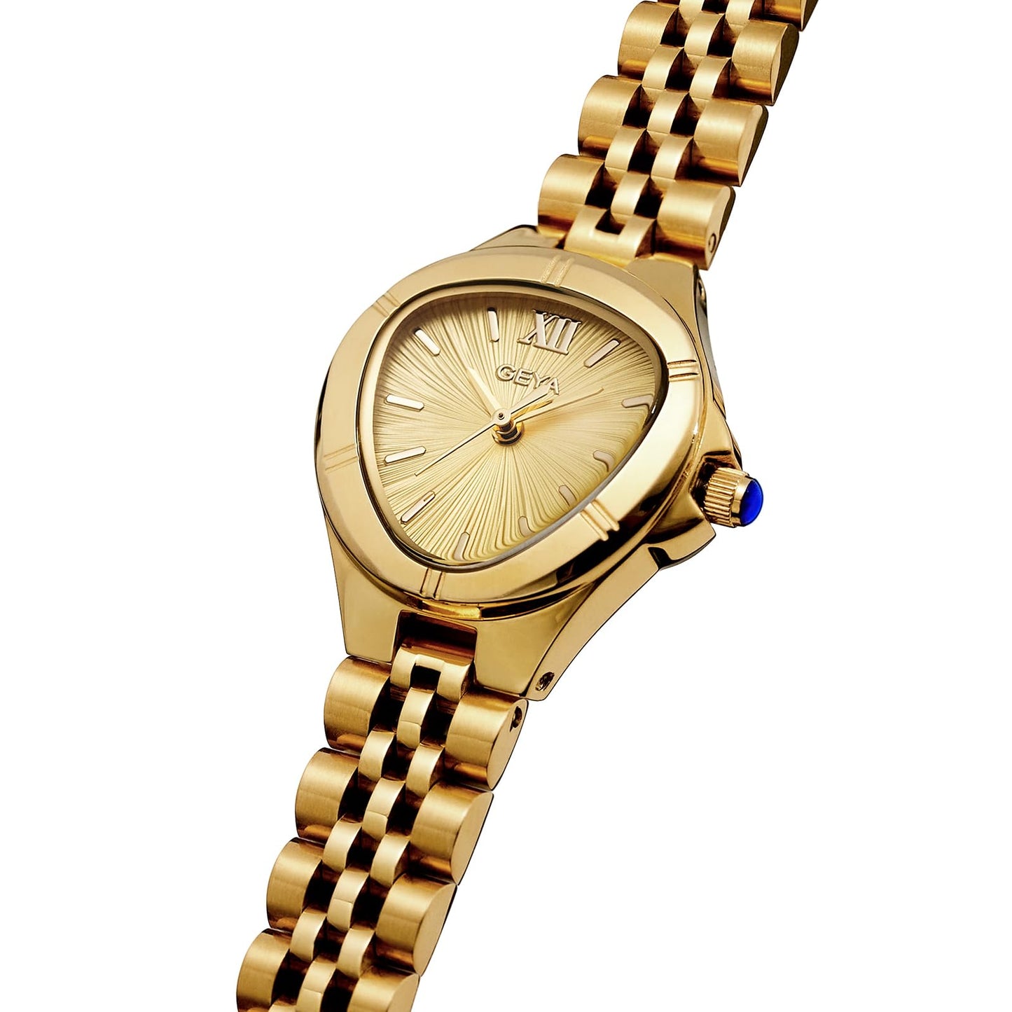 GeYa Vintage Gold Watches for Women Dainty Ladies Quartz Wristwatch,316L Stainless Steel Bracelet for Small Wrist,3ATM Waterproof,Triangle Shape,Birthday Gifts,with Tools,24.5mm