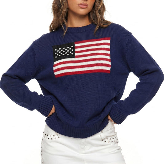 Women American Flag Sweater Long Sleeve Crew Neck Loose Fit Knit Pullover Tops USA Casual Loose Pullover Sweater