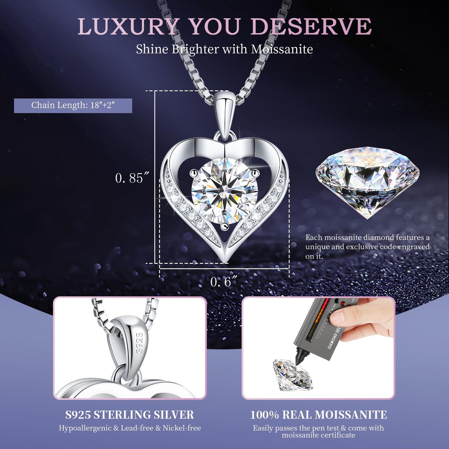 Gorgeous Moissanite Necklaces for Women - Sterling Silver 1-3CT D Color Moissanite Pendant Necklace, Mother Day Birthday Gifts for Mom Wife Girlfriend Daughter, Wedding Anniversary Christmas Jewelry Gift