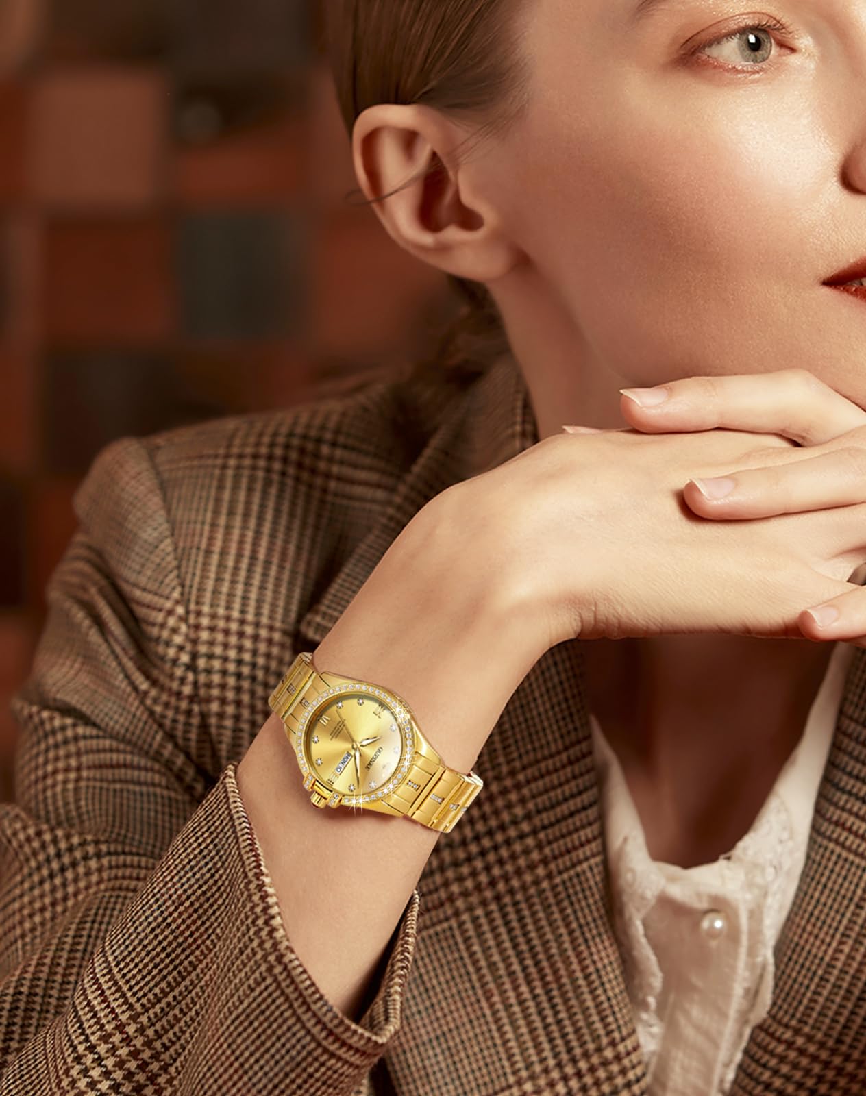 OUPINKE Women Automatic Watches Luxury Diamond Flywheel Two-Tone Stainless Tungsten Steel Band Moon Phase 24 Hours