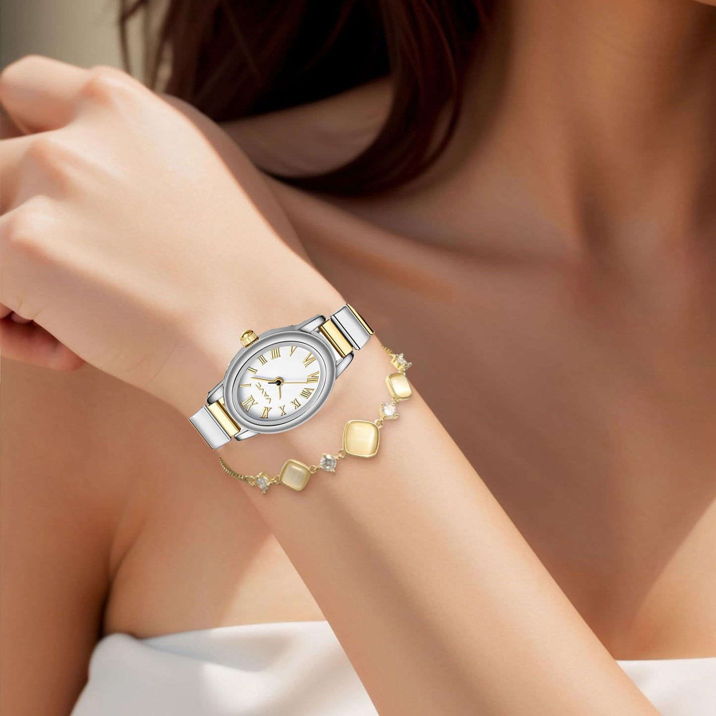 Small Gold Watches for Women,Analog Womens Watch with Stainless Steel Expansion Band,Oval Case Roman Dial,Water Resistant