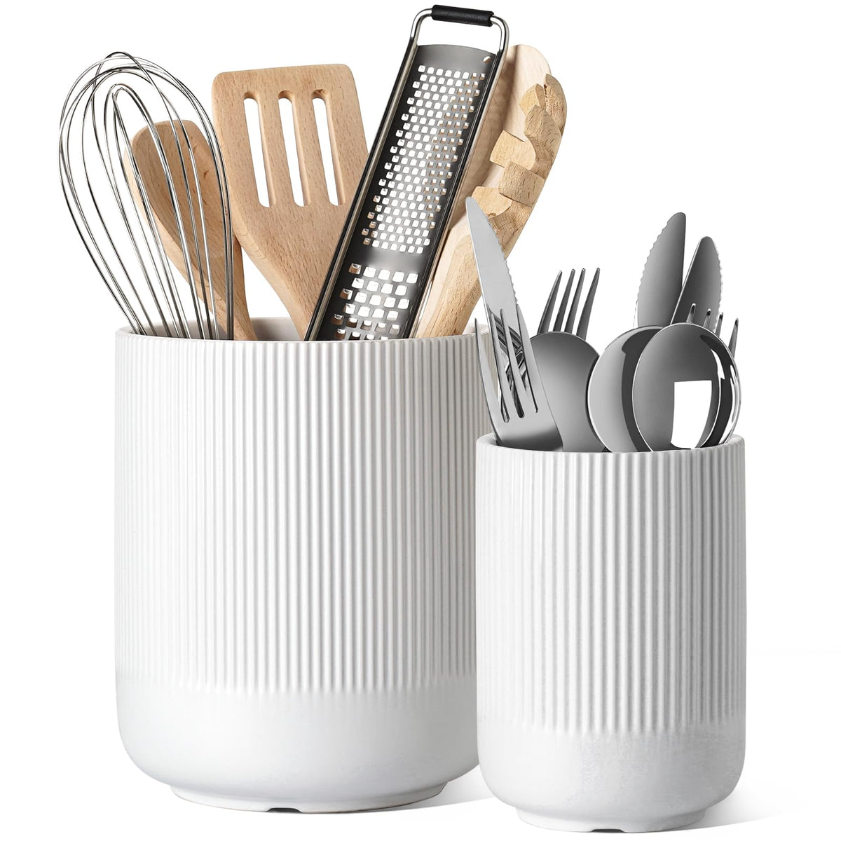 LE TAUCI Utensil Holder, 7.3"+5.4" Ceramic Cooking Tool Crocks for Countertop, Large Utensil Organizer for Kitchen Counter, Morden Kitchen Decor for Spatula and Flatware, Set of 2