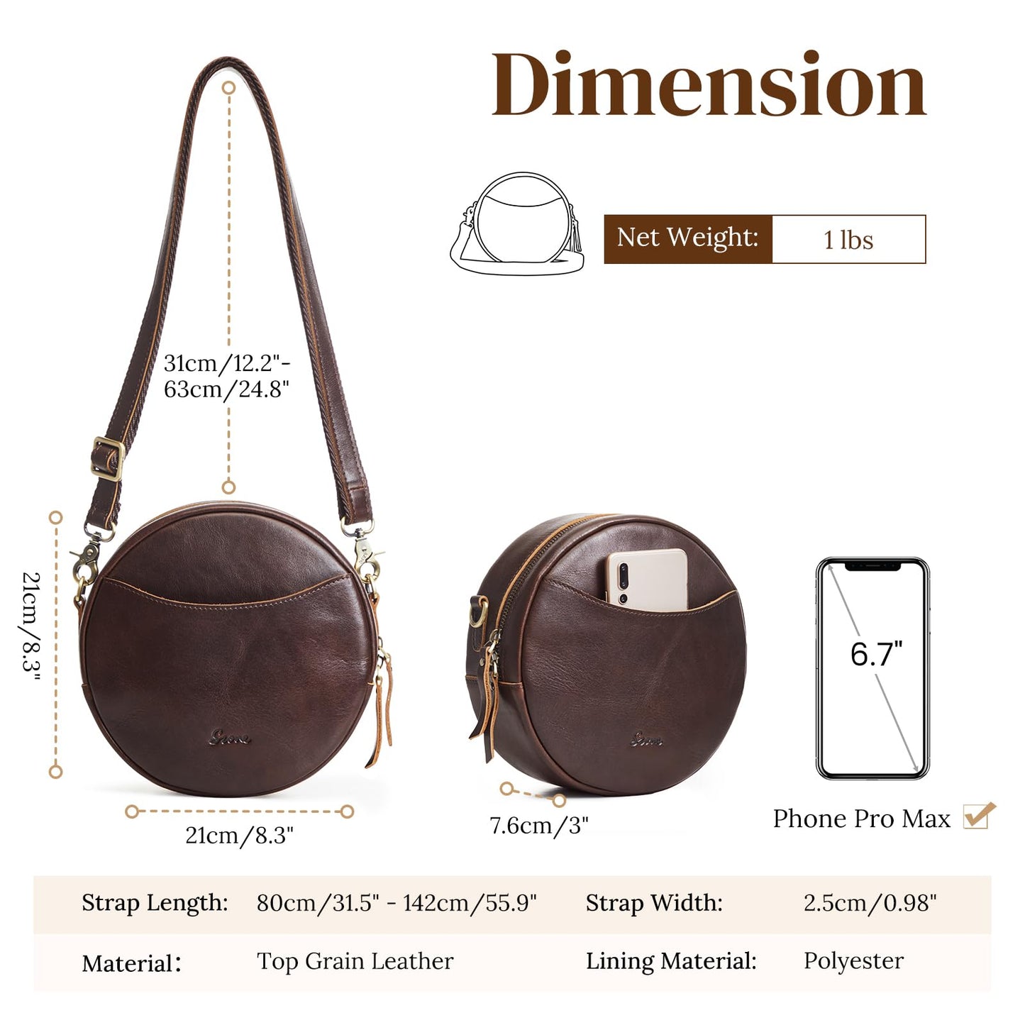 S-ZONE Leather Crossbody Bags for Women Circle Shoulder Round Purse Travel | Top Grain Leather, Keychain, Designer Handbag, Vintage, Multi Pockets, Detachable Strap, Eveyday Outing