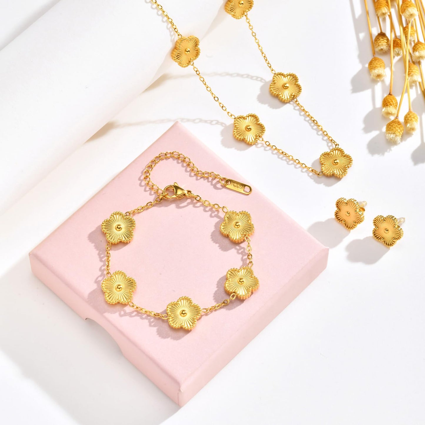 Gold Necklaces Bracelets Earring Set - 18K Gold Plated Flower Bracelet Chain,Stainless Steel Non Tarnish Floral Pendant Stud Jewelry Sets,Christmas Birthday Lucky Gift for Mom Wife Daughter Girlfriend