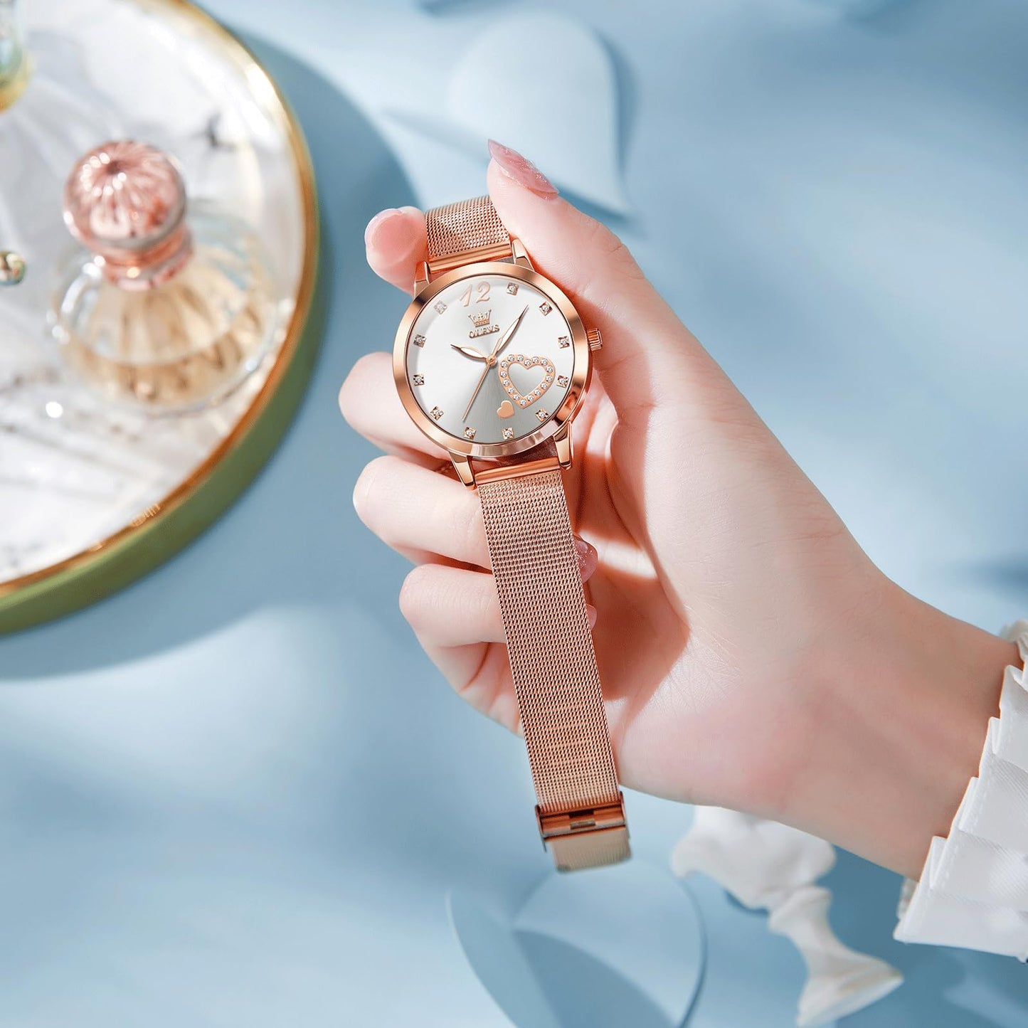 OLEVS Women's Small Wrist Rose Gold Tone Watch - Cute Diamond Heart Arabic Numerals Dial, Fashion Waterproof Mesh Bracelet Analog Dress for Ladies