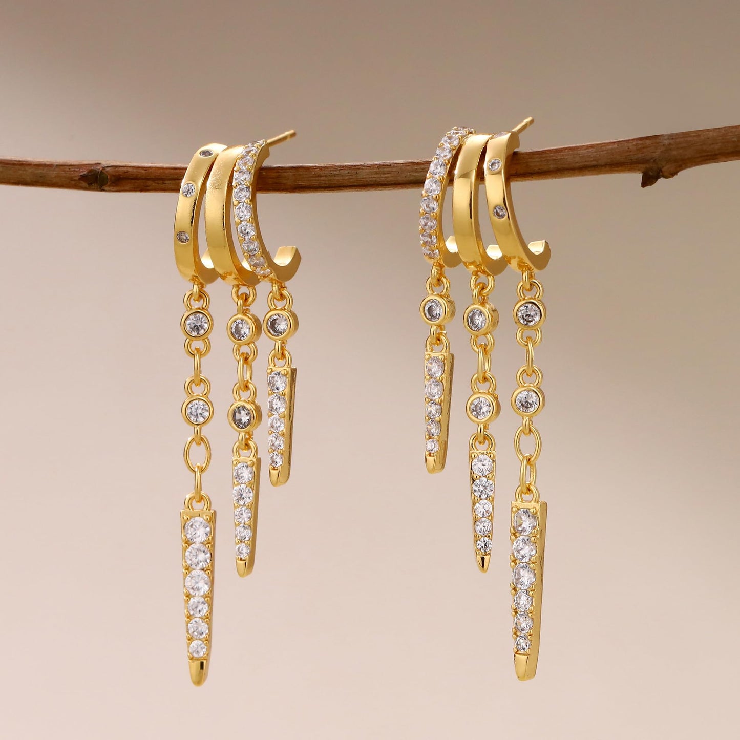 Gold Dangle Earrings for Women, 14k Gold Plated Stacked Triple Hoop Illusion Earrings Cubic Zirconia Huggie Earrings for Women Trendy