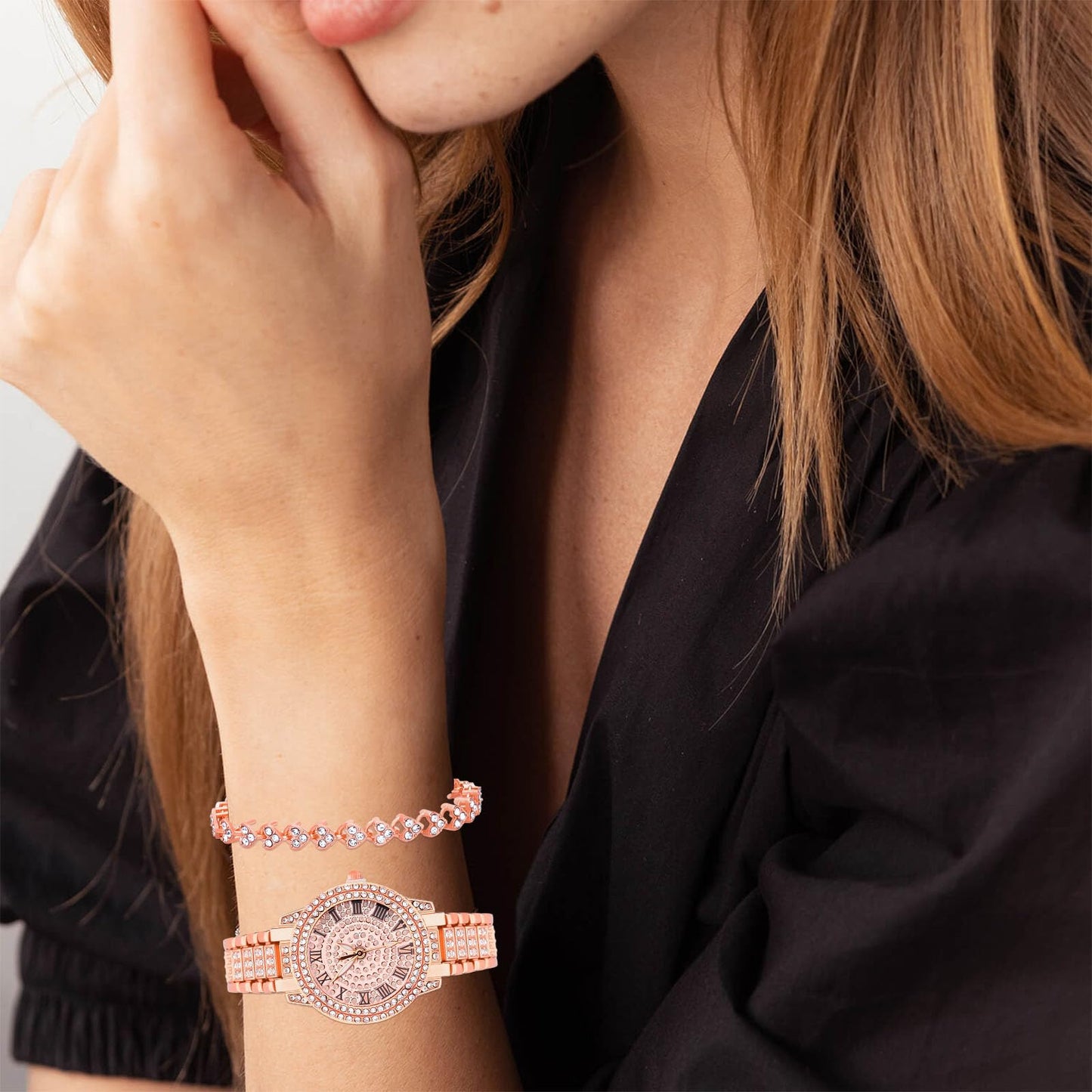 NEWITIN 2 Pieces Women Diamond Watch Bracelet Set Luxury Fashion Jewelry Cubic Zirconia Wristwatch Bracelet Gold Watch Jewelry Set for Women