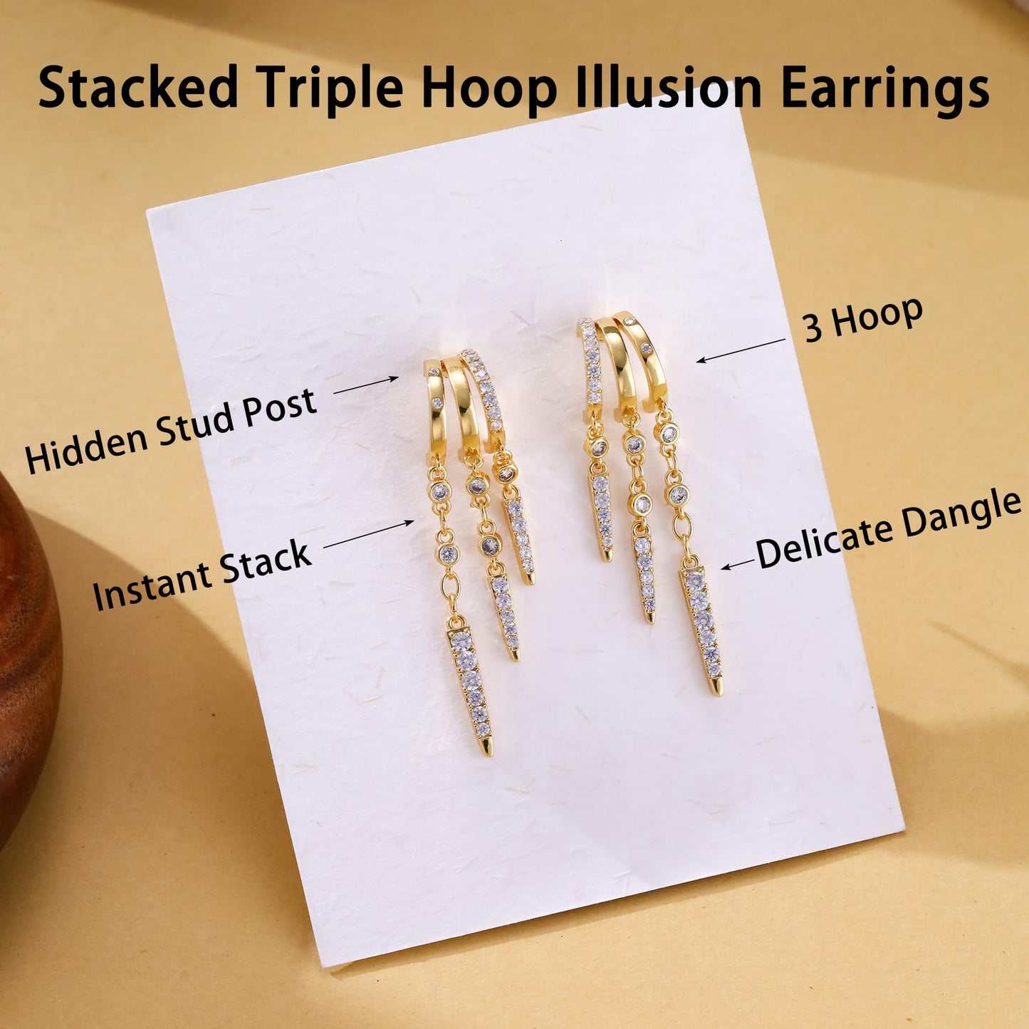 Gold Dangle Earrings for Women, 14k Gold Plated Stacked Triple Hoop Illusion Earrings Cubic Zirconia Huggie Earrings for Women Trendy