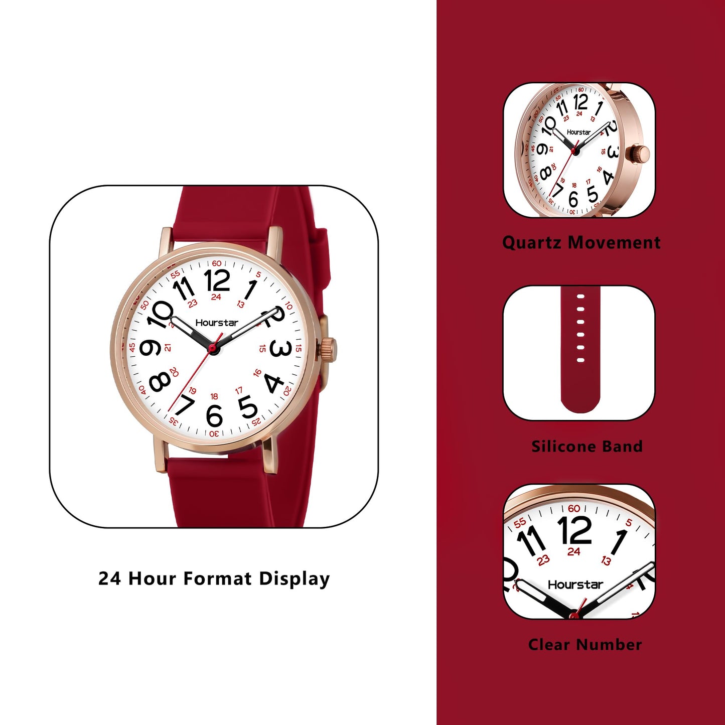 Women's Analog Nurse Watch with Second Hand for Nursing, 12/24 Time, Silicone Band, Easy Read