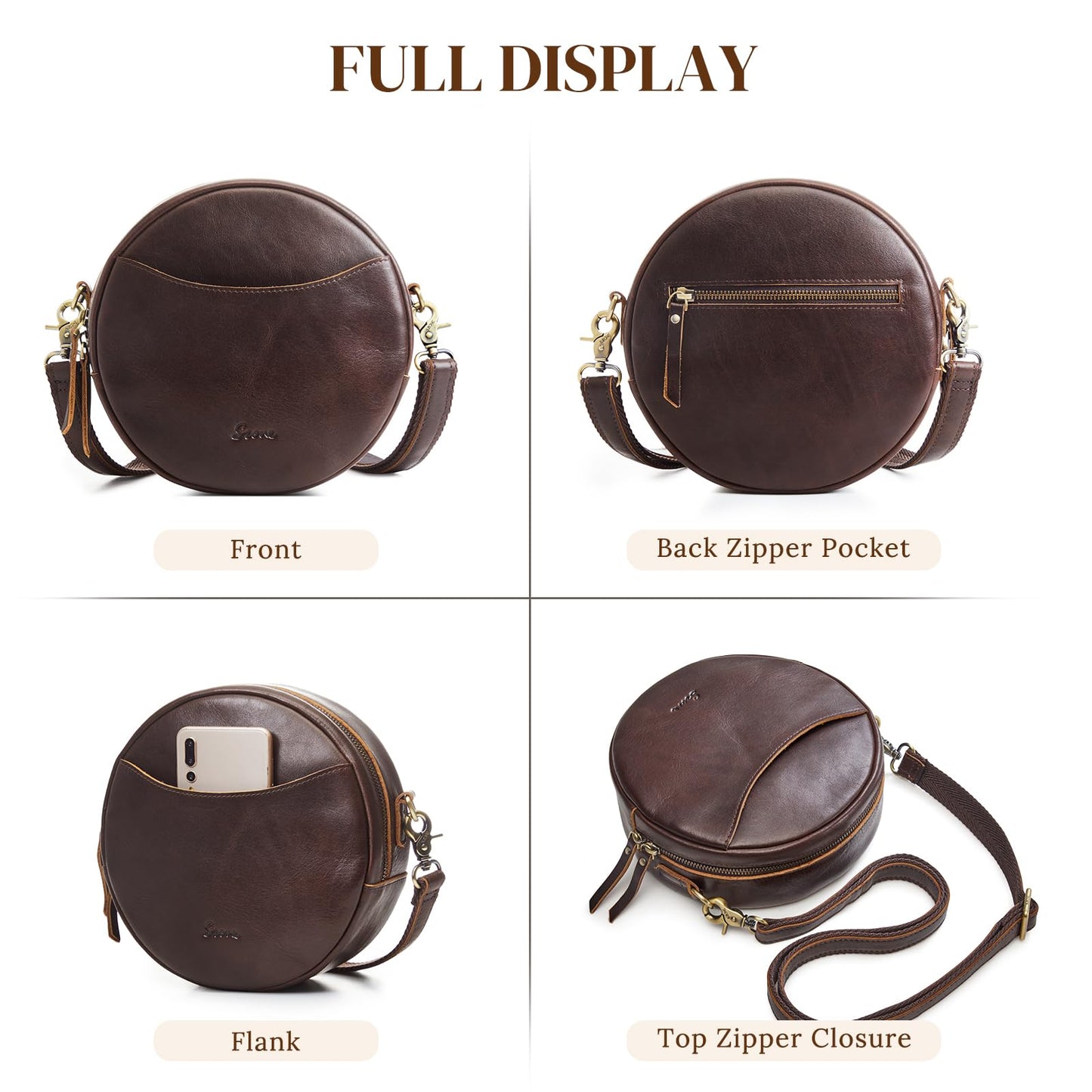S-ZONE Leather Crossbody Bags for Women Circle Shoulder Round Purse Travel | Top Grain Leather, Keychain, Designer Handbag, Vintage, Multi Pockets, Detachable Strap, Eveyday Outing