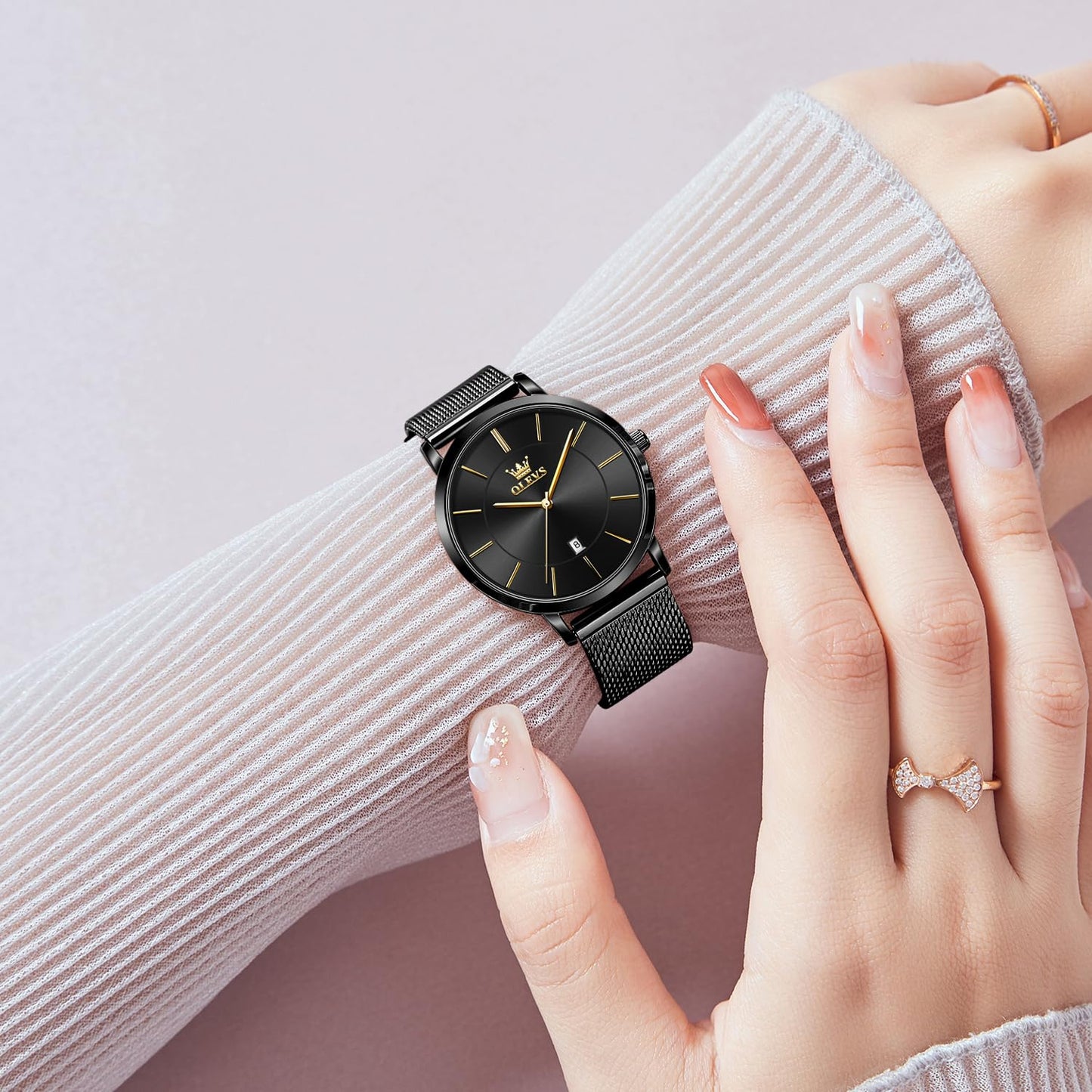 OLEVS Women's Watch Luxury Dress Rose Gold Women Slim Thin Lightweight Watch Stainless Steel Mesh Watches Fashion Waterproof Ladies Wrist Watch Black White Blue Face,Adjustable Bracelet