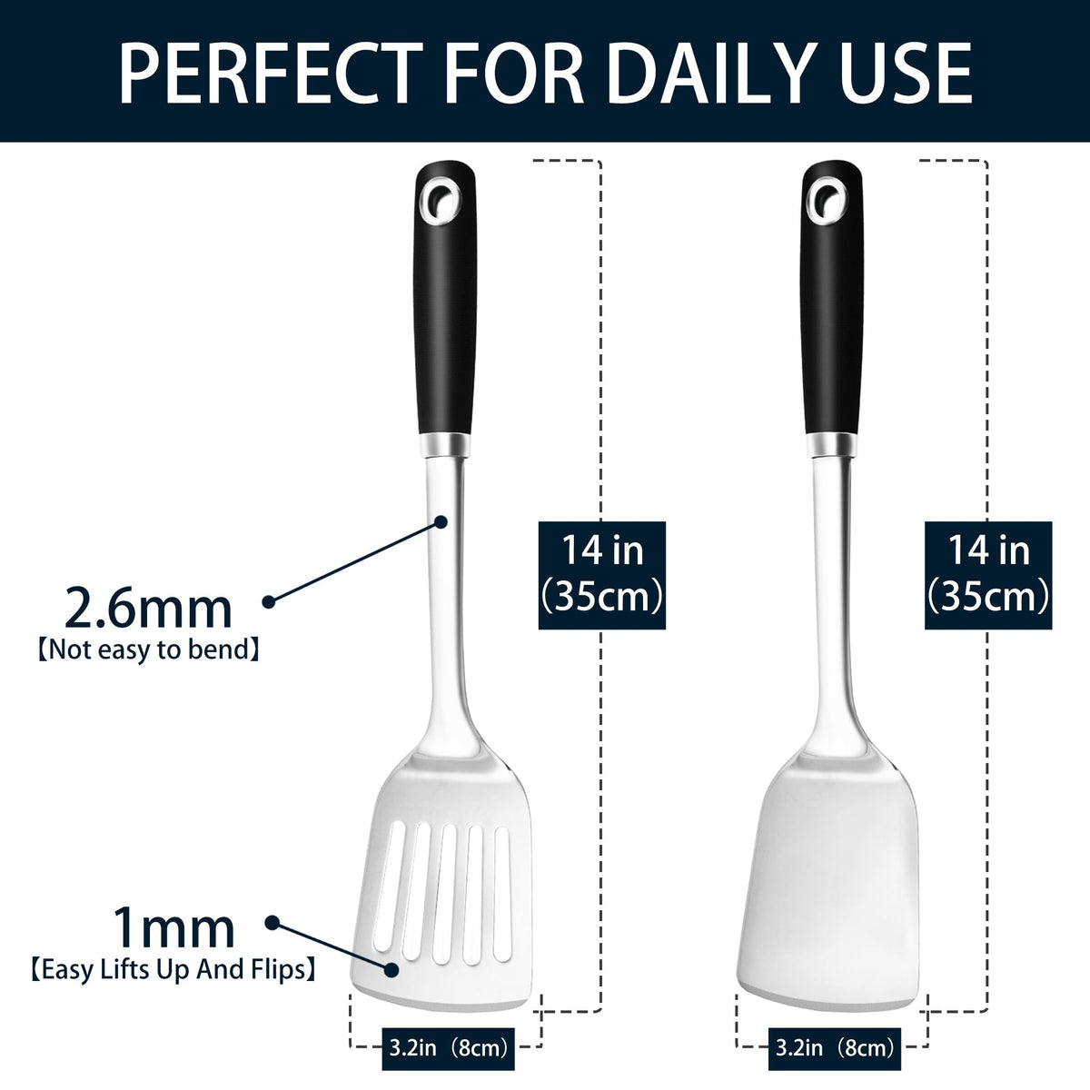 MUJINON Spatula Set, 18/0 Stianless Steel Turner & Slotted Spatula, Kitchen Cooking Utensils Set, Pack of 2