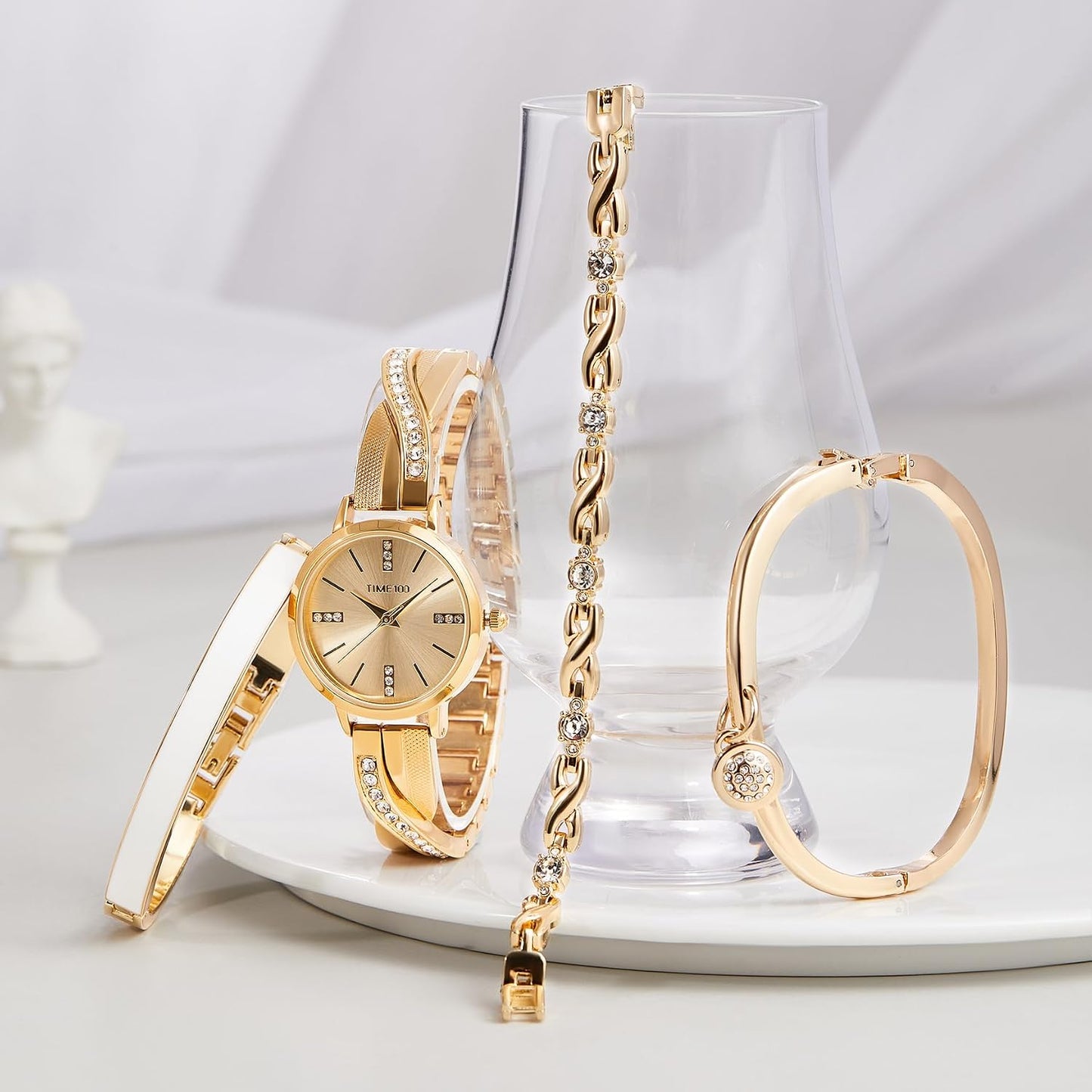 TIME100 Women's Bangle Watch and Gold Watch Chain Bracelets Premium Crystal Accented Bracelet Set W50888L