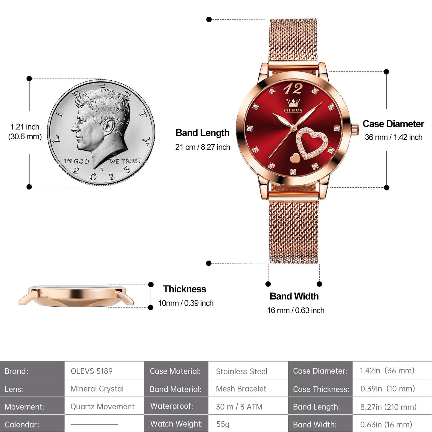 OLEVS Women's Small Wrist Rose Gold Tone Watch - Cute Diamond Heart Arabic Numerals Dial, Fashion Waterproof Mesh Bracelet Analog Dress for Ladies