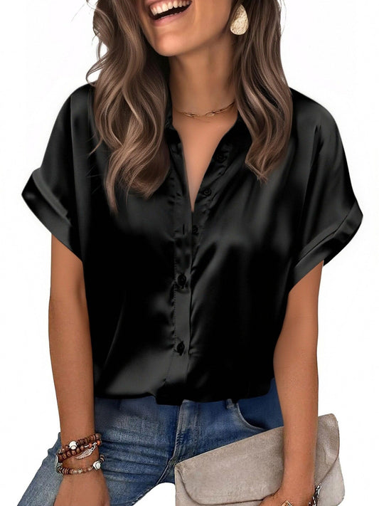 Zeagoo Satin Shirts for Women Sexy Silk Tops Going Out Pink Button Up Shirt Hot Pink