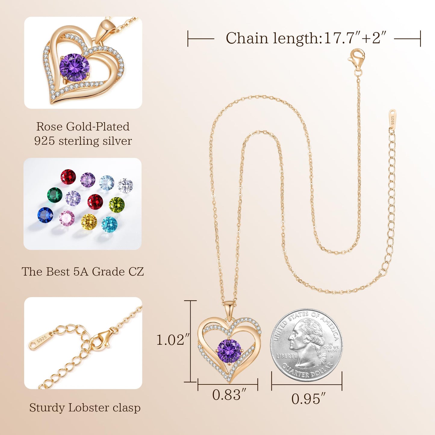 LOUISA SECRET Double Love Heart Birthstone Necklaces for Women, Birthday Gift for Girlfriend, Anniversary Jewelry Gift for Her, 925 Sterling Silver Jewelry Christmas Anniversary Birthday Present Gifts for Wife Girlfriend Mom Grandma Daughter