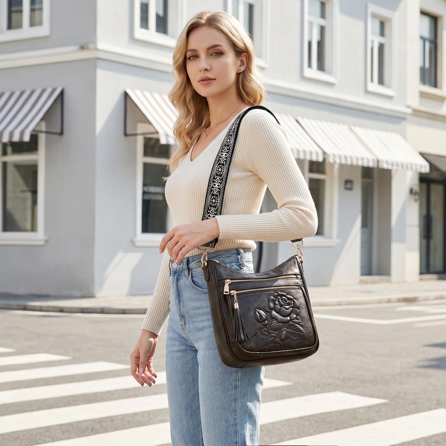 Crossbody Bags for Women, Vegan Leather Crossbody Purse, Multiple Pocket Daily Travel Shoulder Bag with Boho Strap