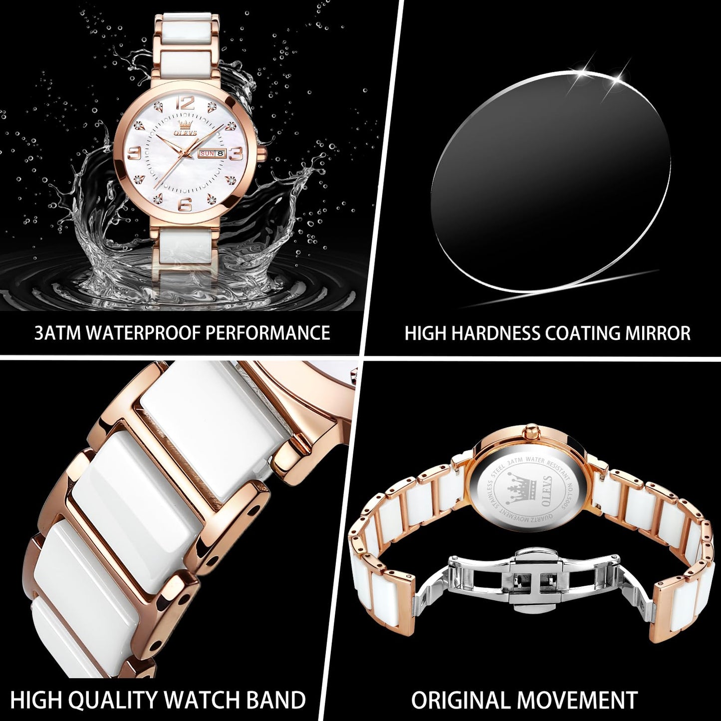 OLEVS Women's Watch Ceramic Band Waterproof Dress Watch Analog Quartz Watches Elegant Luxury Comfortable Wrist Watches with Date Day & Diamond White/Pink/Black Dial Gift for Her Reloj para Mujer