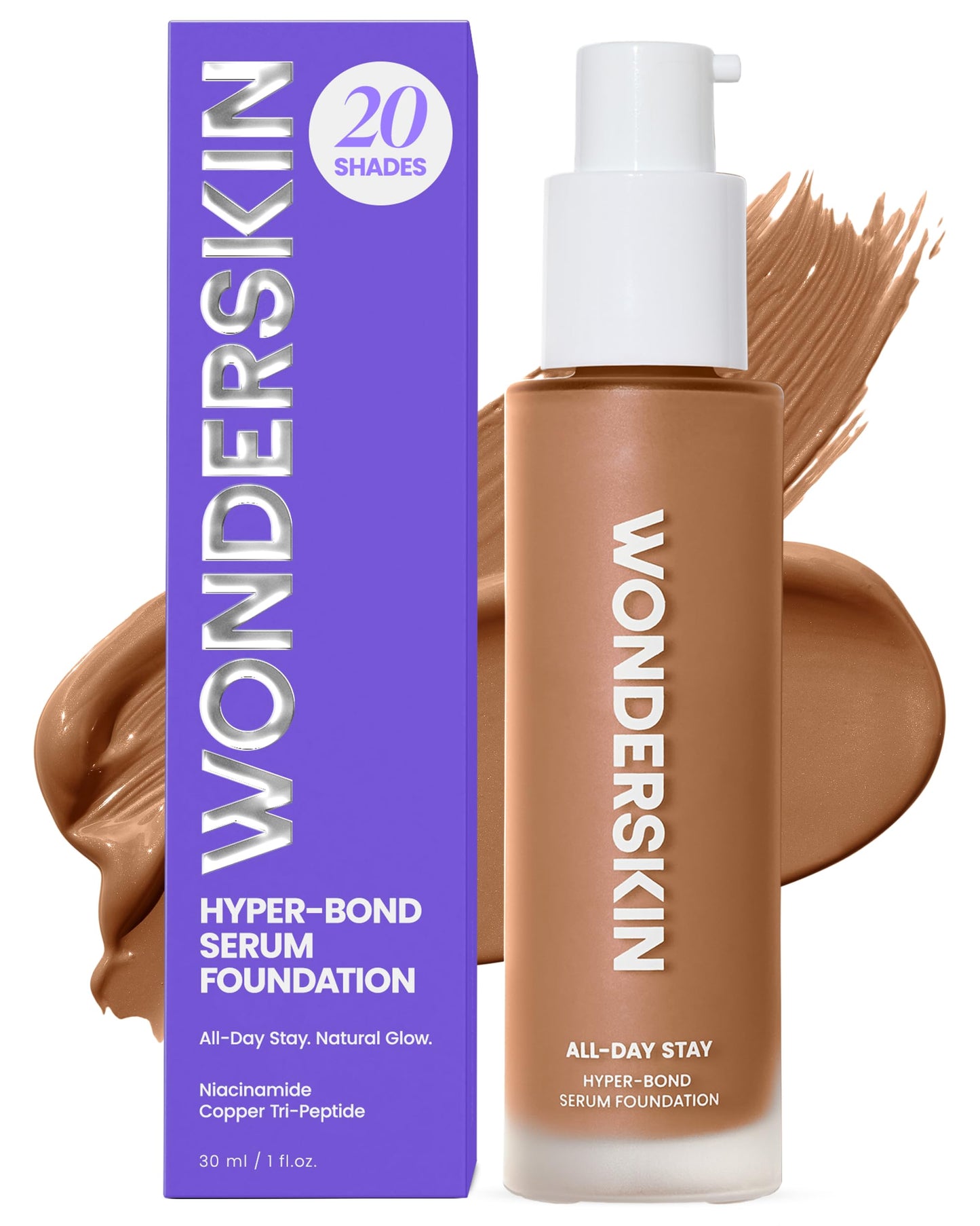 Wonderskin Hyper Bond All-Day Stay Serum Foundation – Waterproof, Transfer-Proof, 24HR Longwear Face Makeup with Niacinamide & Hyaluronic Acid – Lightweight, Natural Finish (Echo)