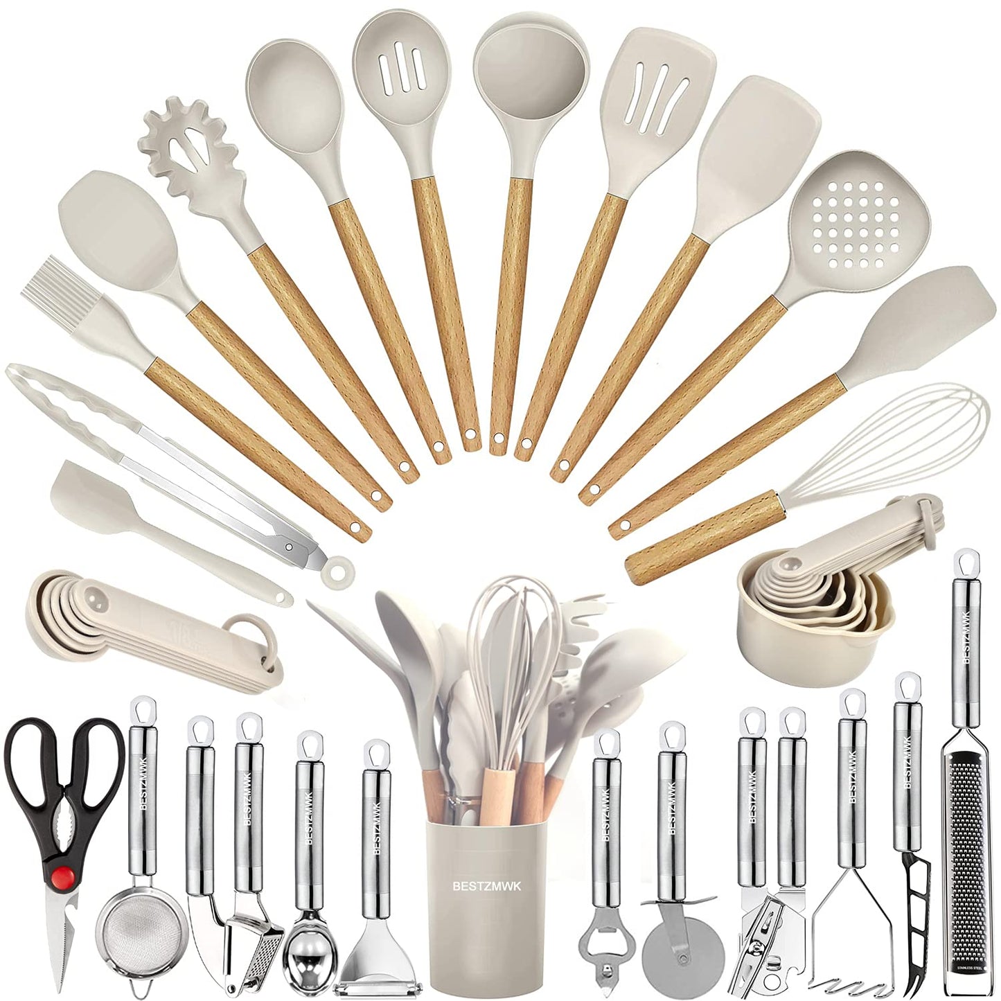 Cooking Utensils Set- 35 PCs Kitchen Utensils with Grater,Tongs, Spoon Spatula &Turner Made of Heat Resistant Food Grade Silicone and Wooden Handles Kitchen Gadgets Tools Set for Cookware