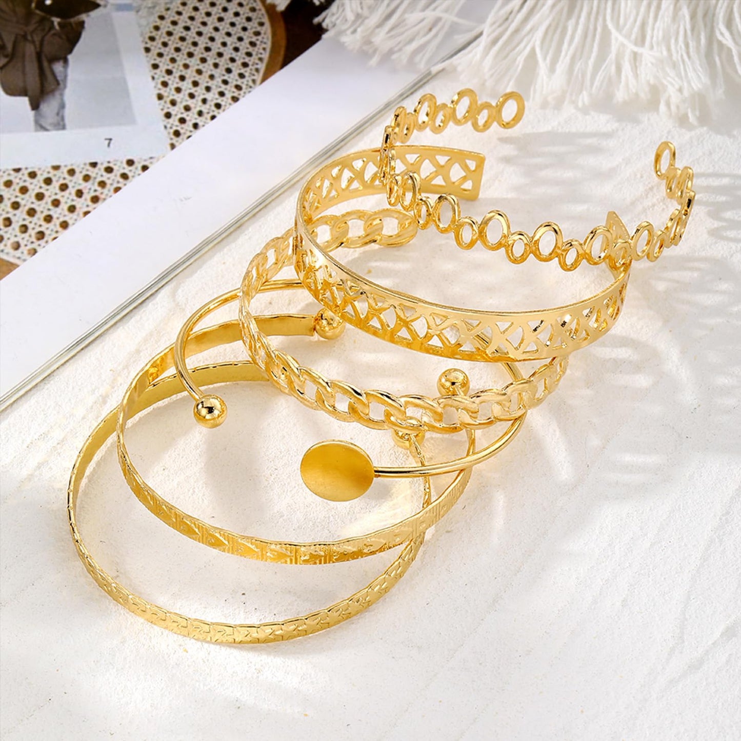 IFKM Gold Bangle Bracelets For Women, 14k Gold Plated Multi Layer Stackable Cuff Bracelet Set, Trendy Elegance Charms Non Tarnish Minimalist Textured Boho Jewelry Gift for Women