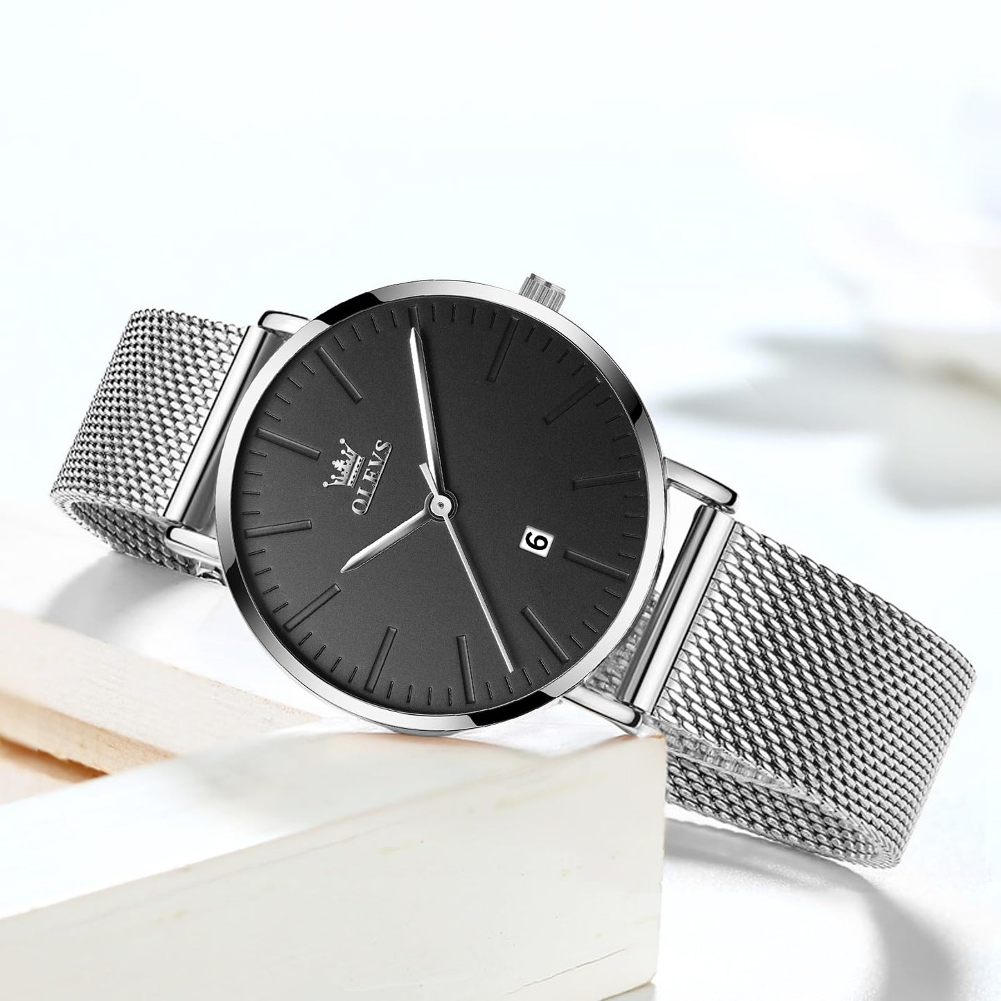 OLEVS Women's Mesh Bracelet Watch, Elegant Large Face Three Hand Analog Quartz Womens Wristwatch, Pretty Slim Date Display Waterproof Ladies Watches for Small Wrists
