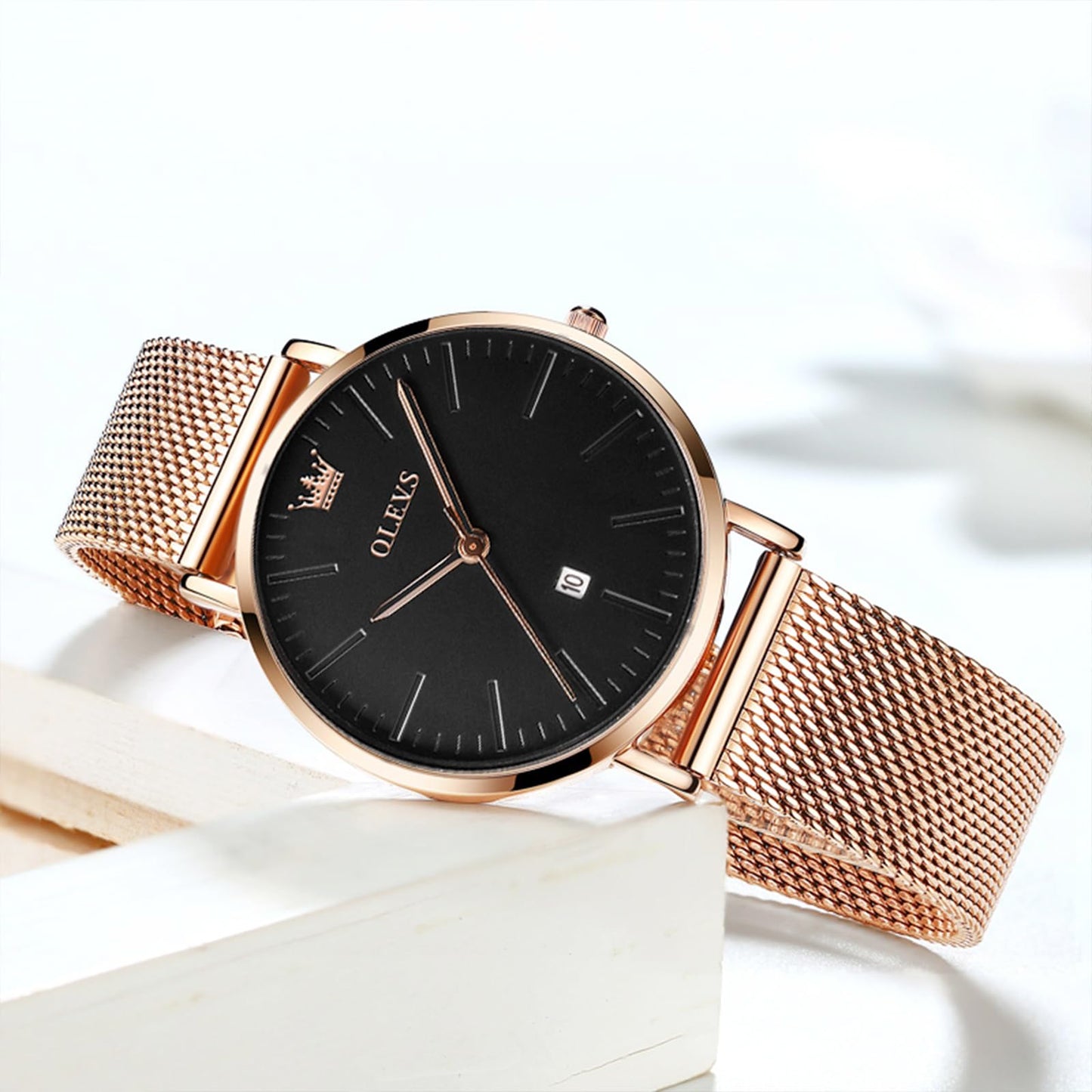OLEVS Women's Mesh Bracelet Watch, Elegant Large Face Three Hand Analog Quartz Womens Wristwatch, Pretty Slim Date Display Waterproof Ladies Watches for Small Wrists