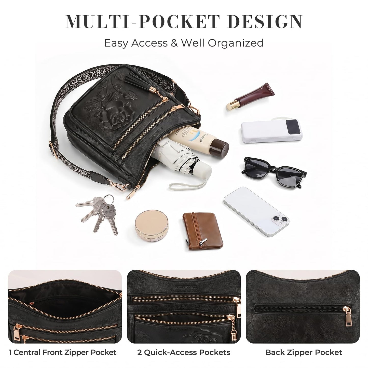 Crossbody Bags for Women, Vegan Leather Crossbody Purse, Multiple Pocket Daily Travel Shoulder Bag with Boho Strap