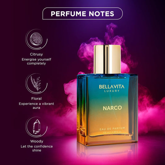 Bellavita Luxury Narco Eau de Parfum | 100 ml (3.4 fl.oz.) | Perfume for Men and Women | Floral, Bergamot, Jasmine, and White Musk Notes | Long Lasting Unisex Fragrance