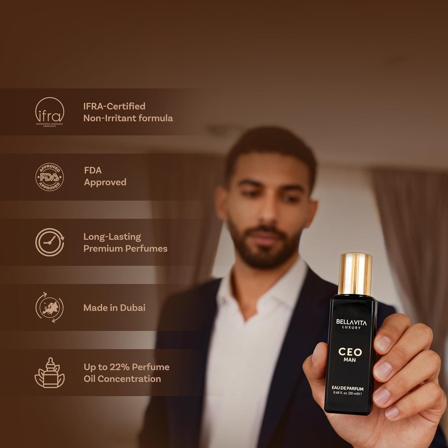 BellaVita Luxury Men's Perfume Gift Set with CEO Man, G.O.A.T., KLUB & OUD | 4 x 20ml (80ml) | Long Lasting Perfume for Men | Citrus, Woody, Patchouli & Caramel Notes | Gift for Father's Day