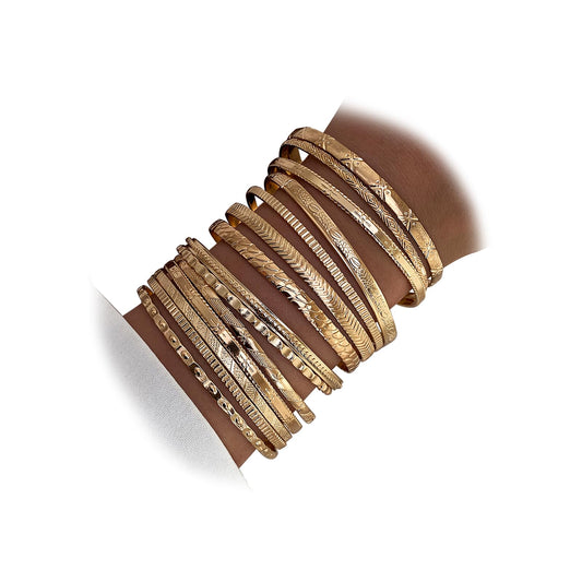 17IF Gold Bangle Bracelet For Women, 14k Multilayer Charm Textured Stackable Bracelets Boho Indian Chunky Cuff Fashion Jewelry Gift