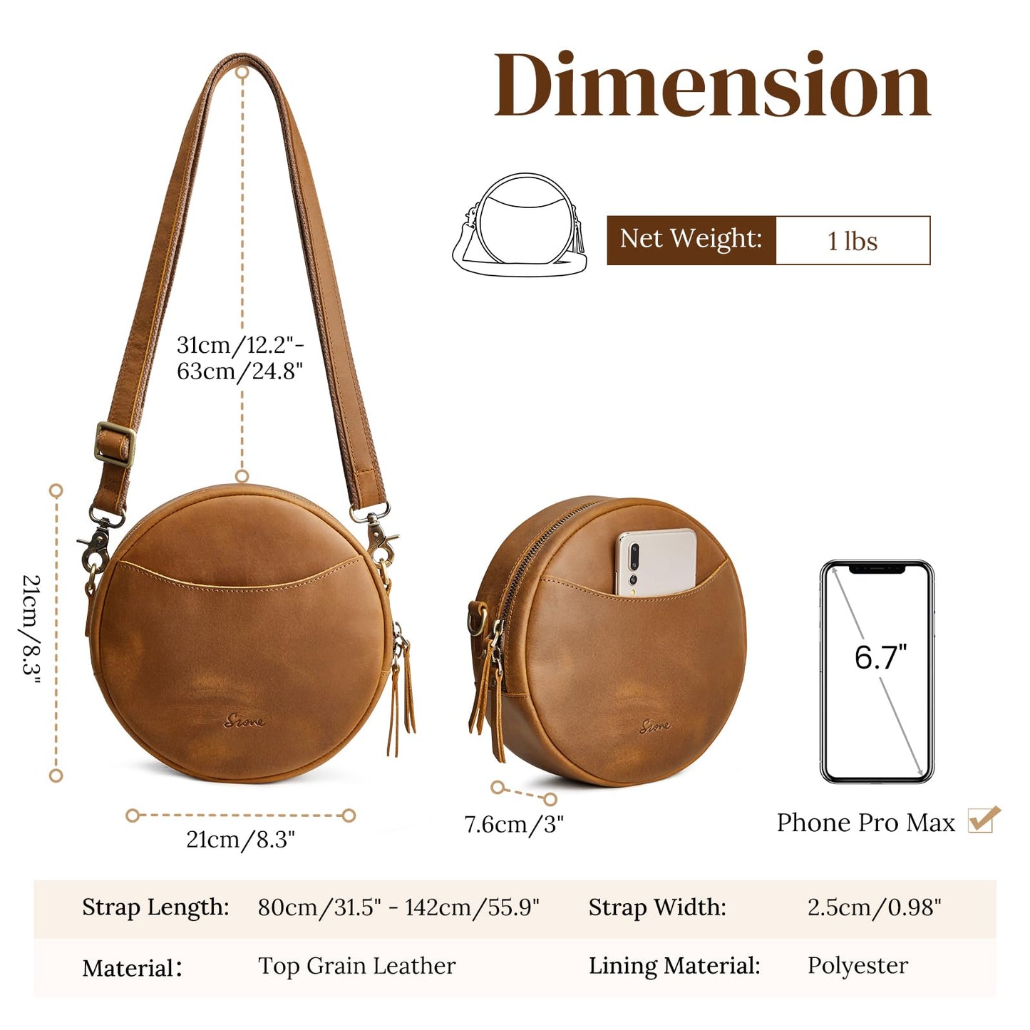 S-ZONE Leather Crossbody Bags for Women Circle Shoulder Round Purse Travel | Top Grain Leather, Keychain, Designer Handbag, Vintage, Multi Pockets, Detachable Strap, Eveyday Outing
