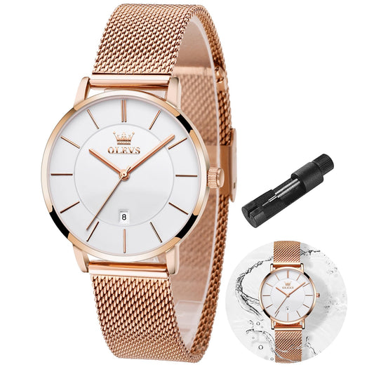 OLEVS Women's Watch Luxury Dress Rose Gold Women Slim Thin Lightweight Watch Stainless Steel Mesh Watches Fashion Waterproof Ladies Wrist Watch Black White Blue Face,Adjustable Bracelet