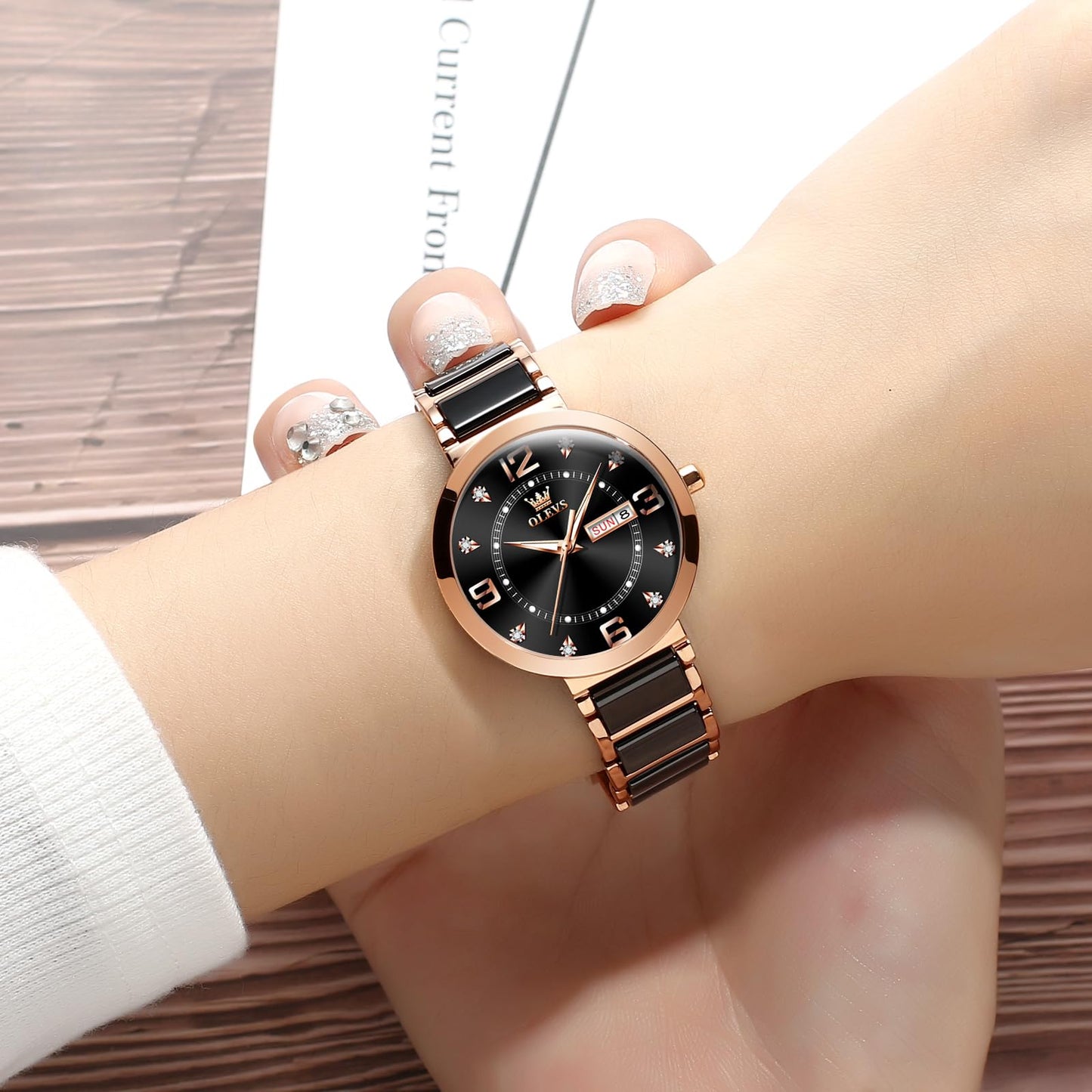 OLEVS Women's Watch Ceramic Band Waterproof Dress Watch Analog Quartz Watches Elegant Luxury Comfortable Wrist Watches with Date Day & Diamond White/Pink/Black Dial Gift for Her Reloj para Mujer