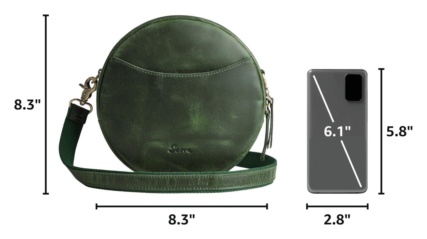 S-ZONE Leather Crossbody Bags for Women Circle Shoulder Round Purse Travel | Top Grain Leather, Keychain, Designer Handbag, Vintage, Multi Pockets, Detachable Strap, Eveyday Outing